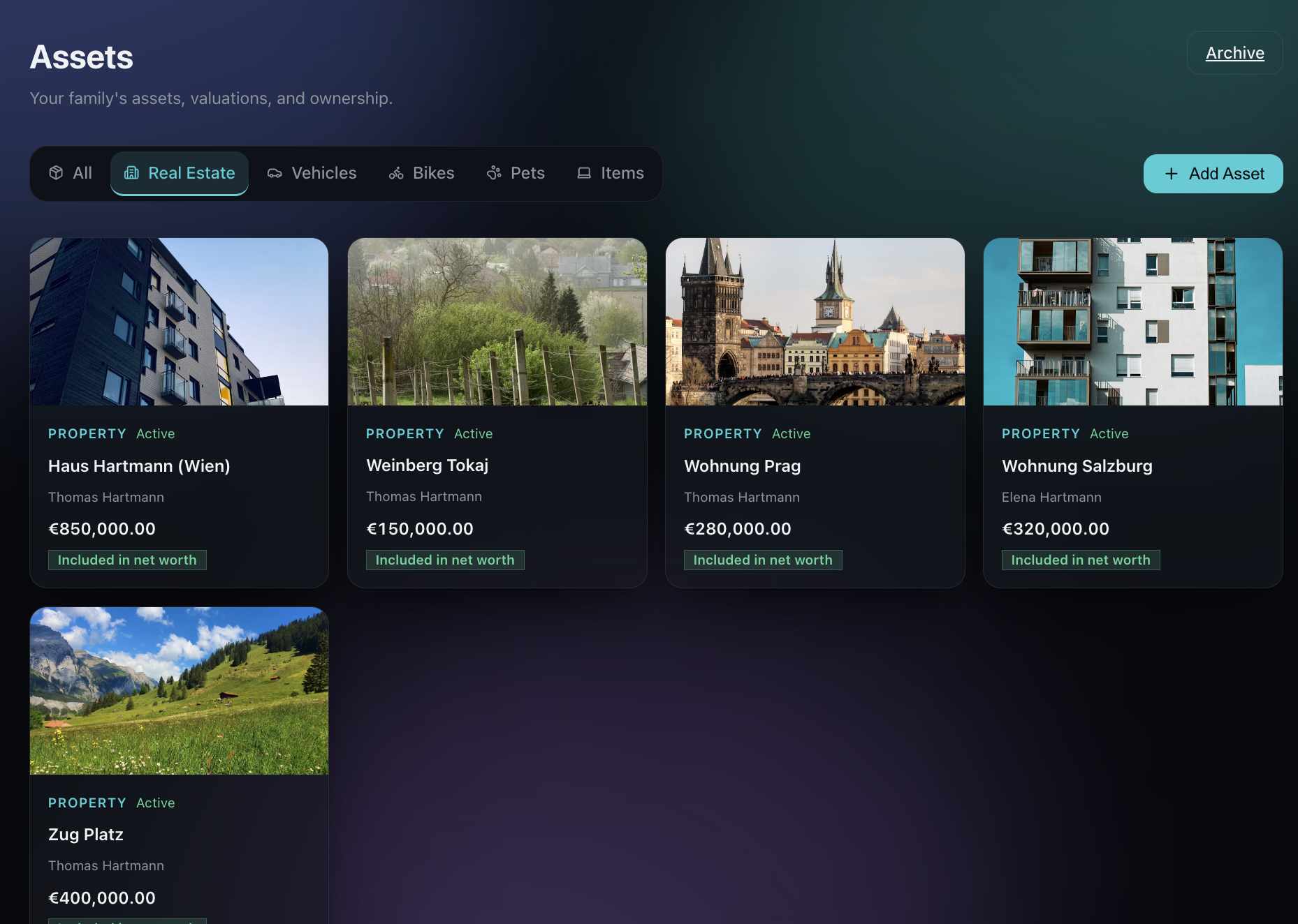 Matricula assets page showing property, vehicle and item cards with owners and metadata