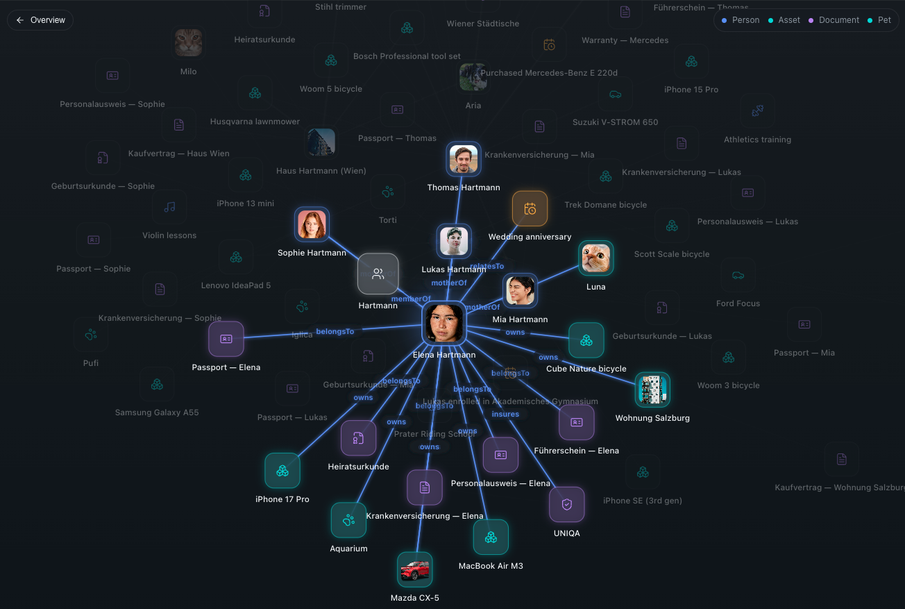 Matricula family graph with people, assets, documents and policies linked by labeled relationship lines