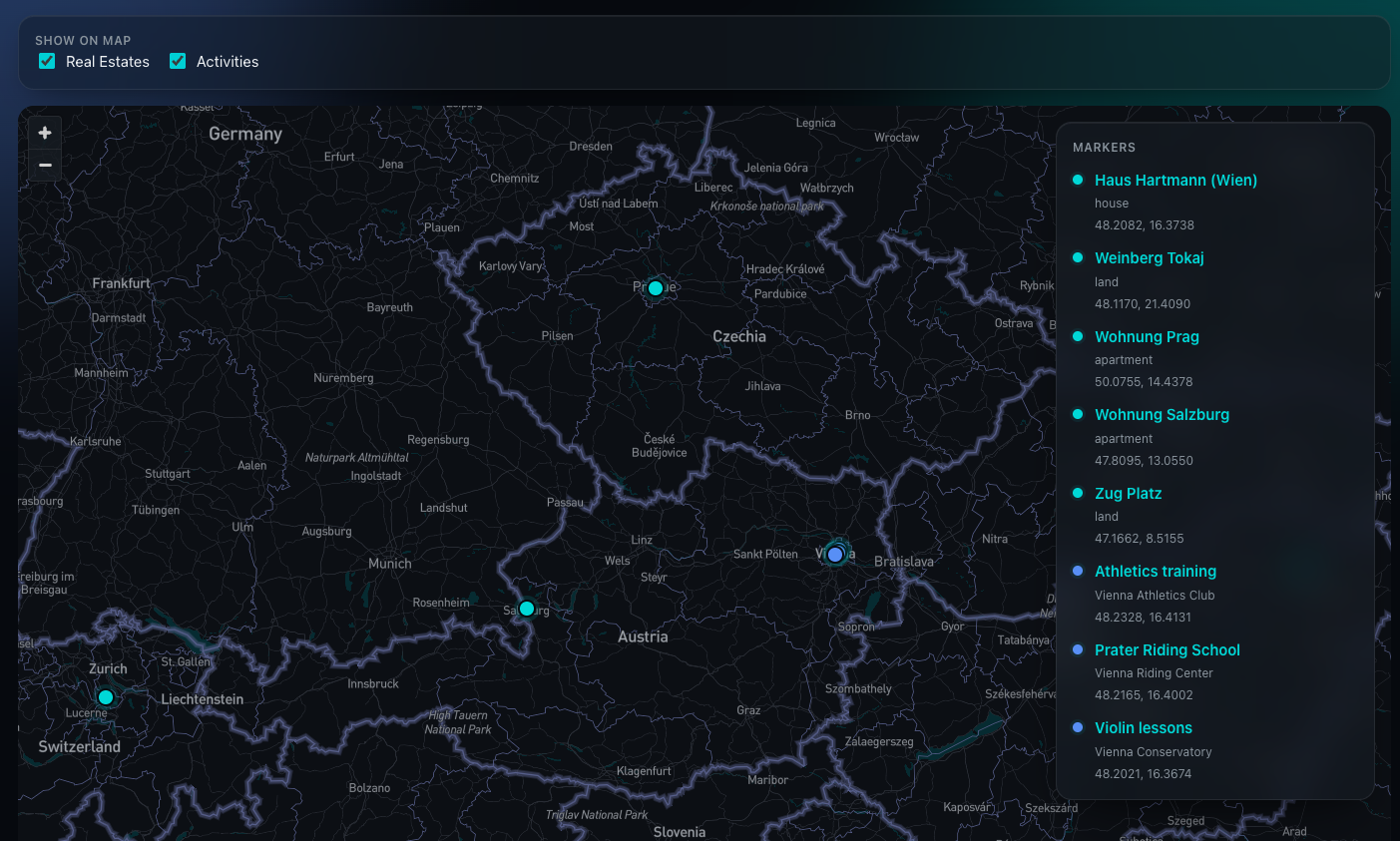 Matricula map view with custom pins marking family properties and meaningful locations